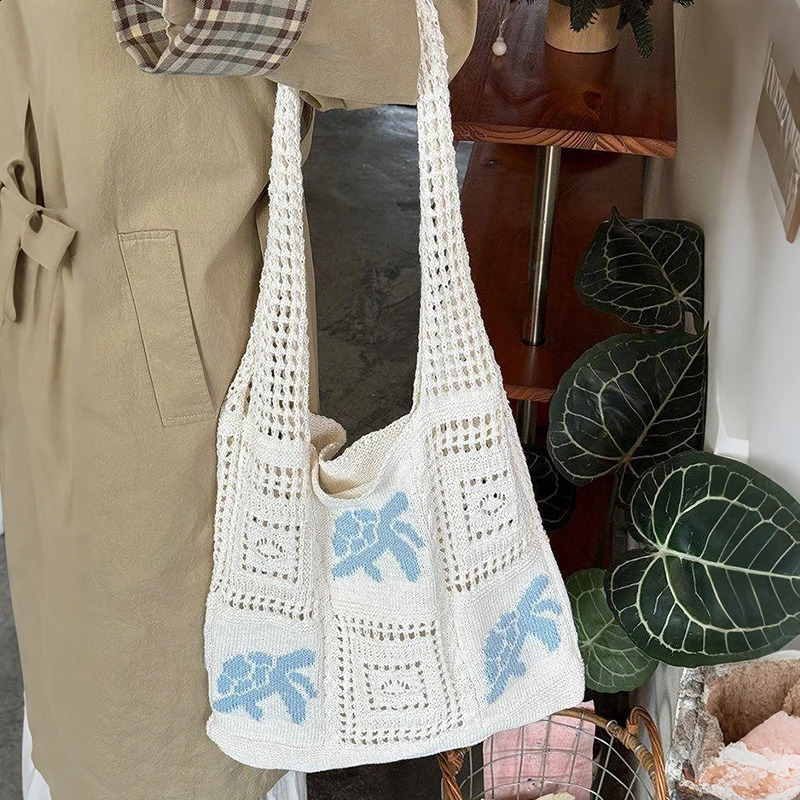 Turtle Korean Style Hollow Woven Bag Trendy Large Capacity Crochet Tote Bag Lightweight Embroidered Knitting Handbag Beach 260626