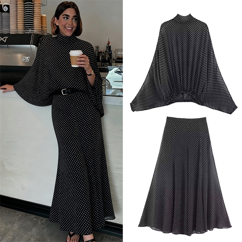 Polka Dot Printed Midi Skirts Two Piece Sets for Women Summer Chic Bow Tied Blouse Top Suits Woman 2 Piece Outfits 260618CJ