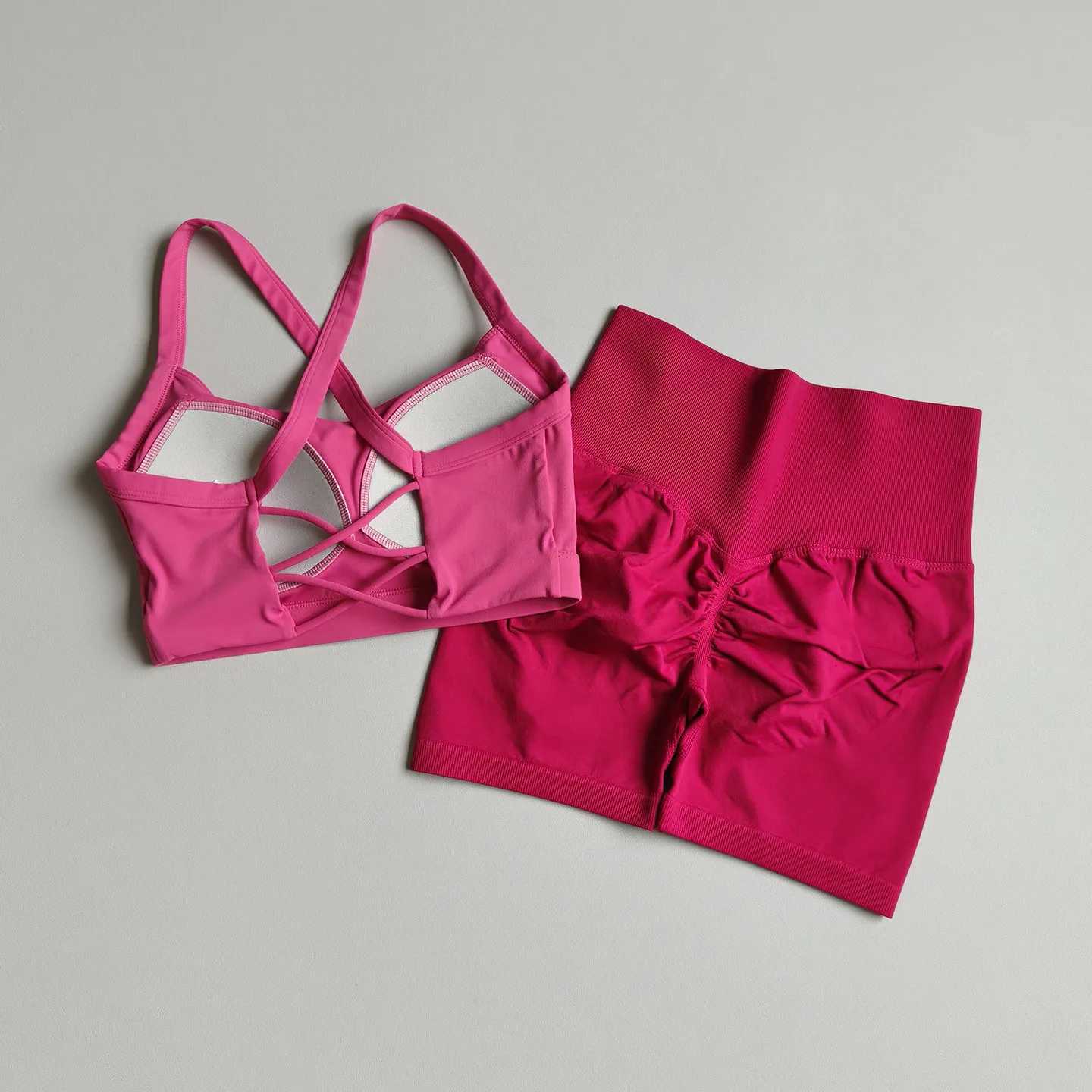 Sports Womens Cross-Yoga Set Bra Bust-Up Shockproof Pilates Training Gym Sports Peach Short Pants Yoga Shorts Set M260626 - view 4