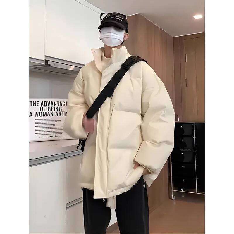 Pure black lightweight down jacket for men, winter youth, two cotton jacket, high street standing collar face W260626 - view 3