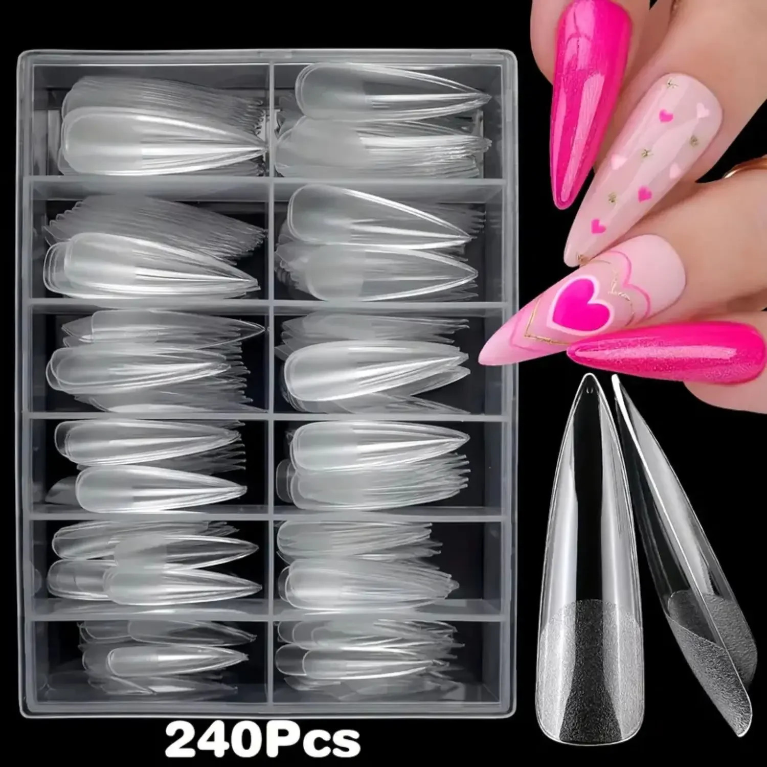 240Pcs XL Stiletto Nail Tips Clear Fake Nails Long Stiletto Nail Full Cover Artificial Fingernail Extension Tool 260626 - view 7