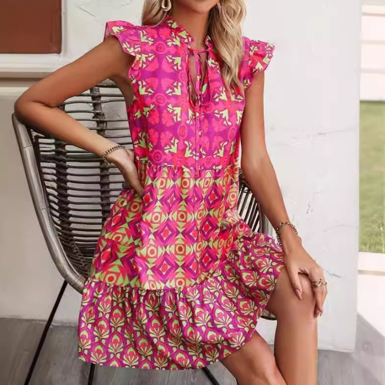 Womens Floral Mini Dress Womens Flutter Sleeve Deep V Tie Waist Thin Soft Summer Gown For Women Daily Beach Romantic Date Party Outfits - view 4