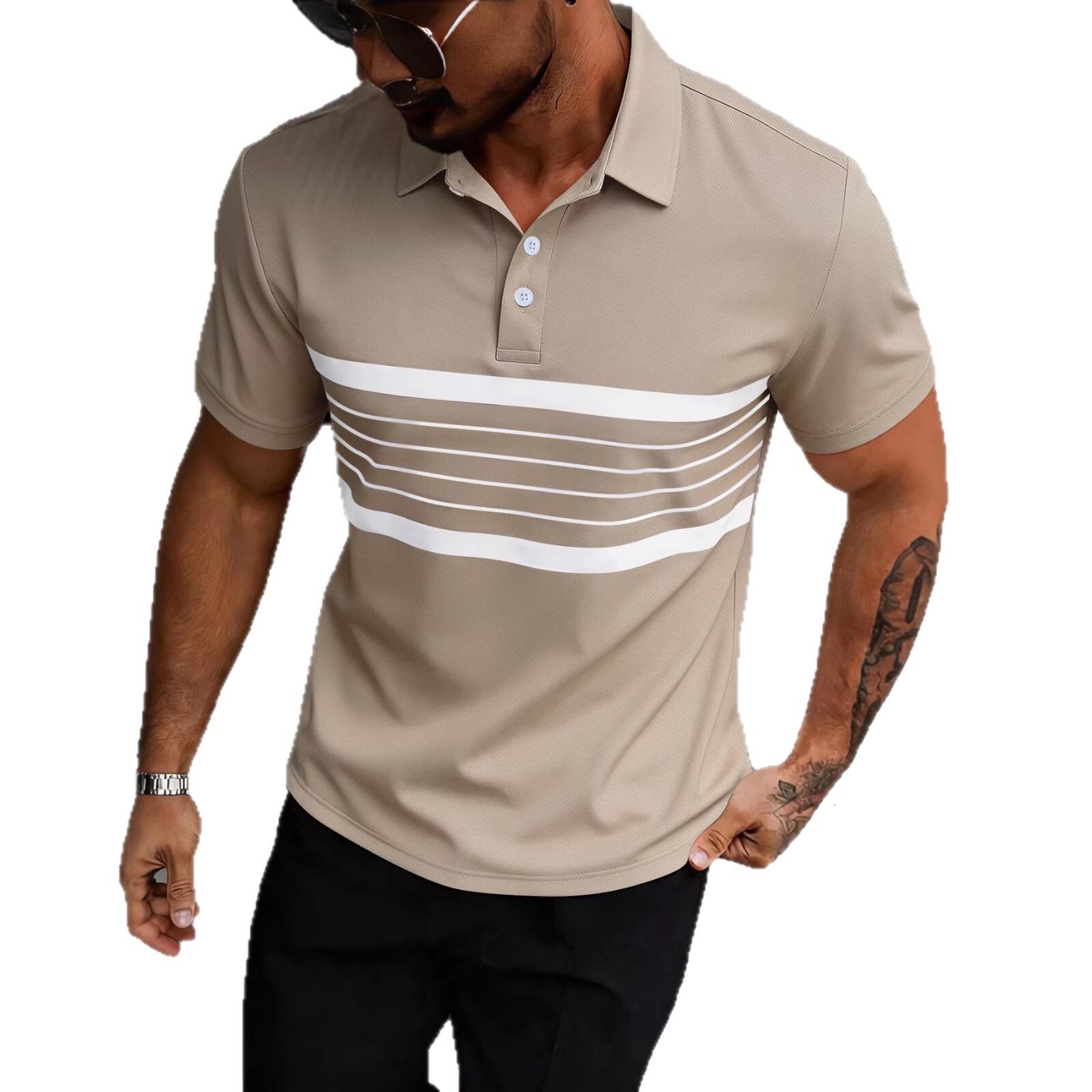 2026 New Men's Fashion Casual POLO Shirt Summer V-Neck Buttoned Striped Versatile T-Shirt - view 6