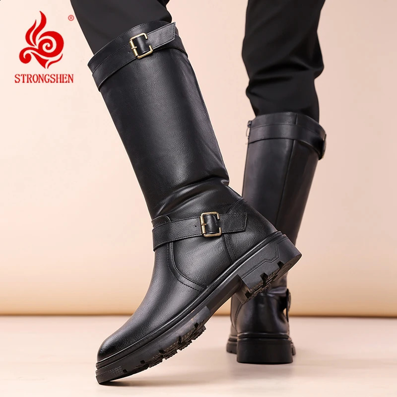 British Men Black Leather Knee High Boots ner Motorcycle Boots Casual Work Boots Outdoor Fashion Street Shoes Zapatos 260625