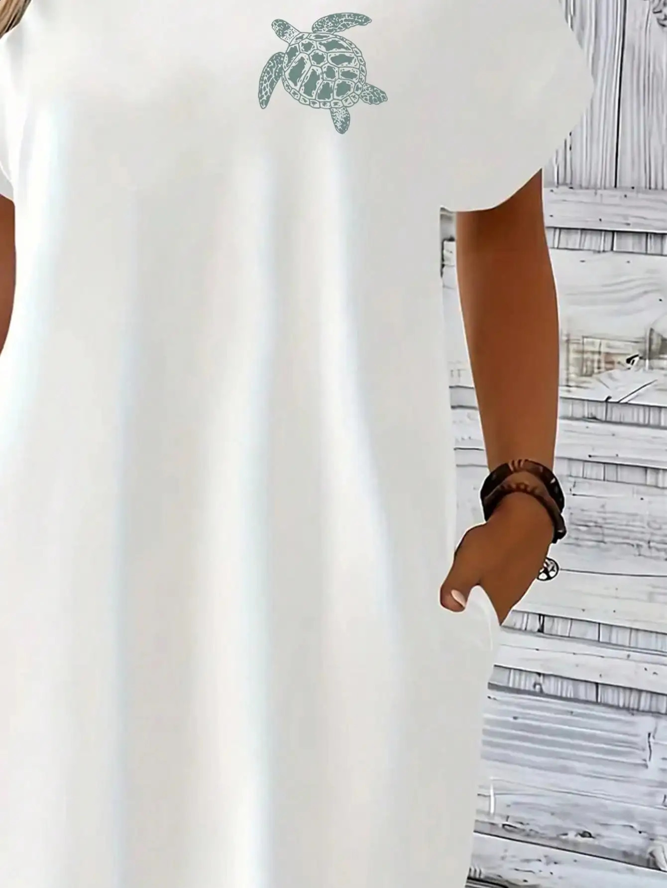 2026 womens casual and elegant green turtle print white solid color short sleeved dress skirt 260625 - view 4