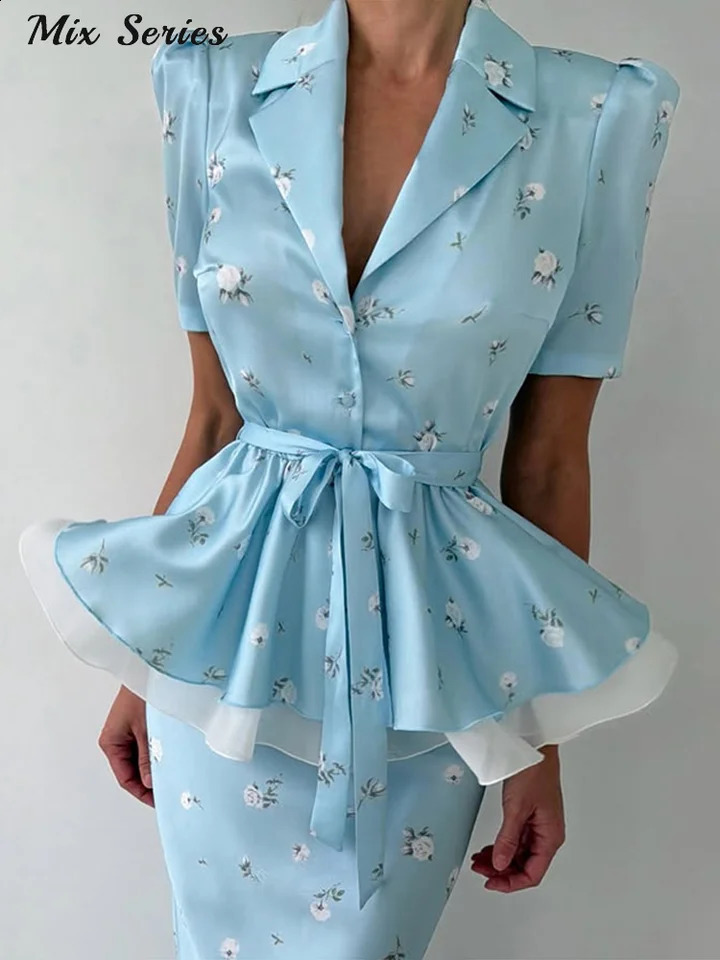 Elegant Printed Slim TwoPiece Set Womens Lapel Ruffle Hem Belt Top Floral Bodycon Skirt 2026 Summer Lady Structured Outfit 260626 - view 4