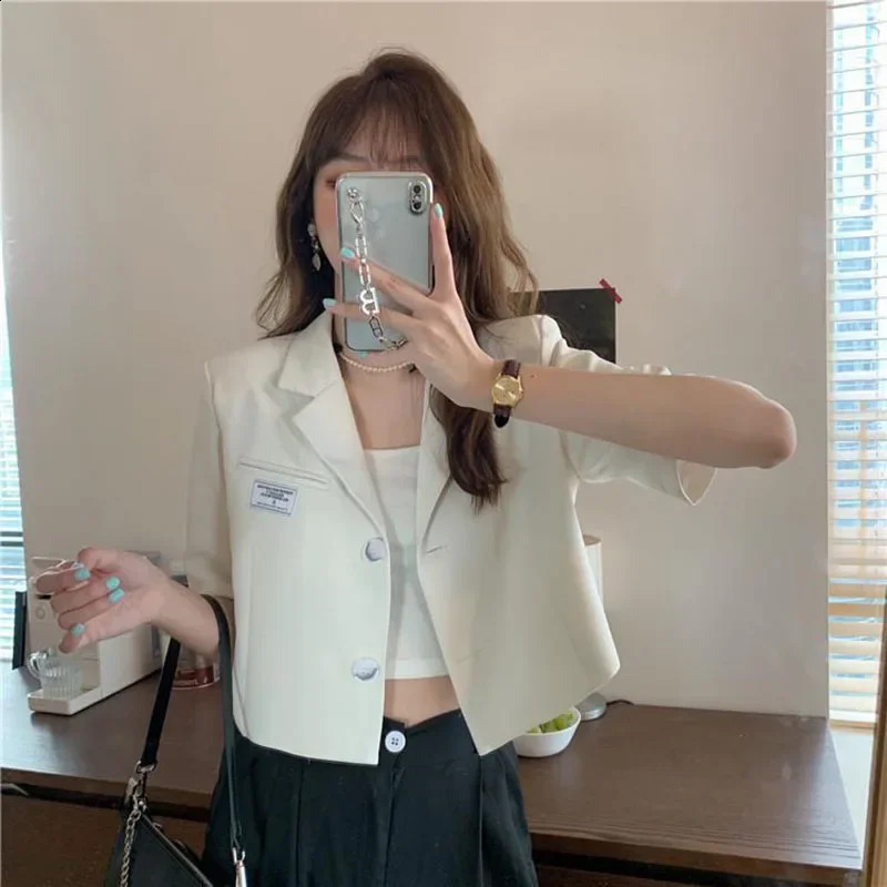 Short Sleeve Blazer Jacket Ladies Summer Thin Notched Collar Suit Coat Women Casual Wild Black White Outwear Tops 260625 - view 3