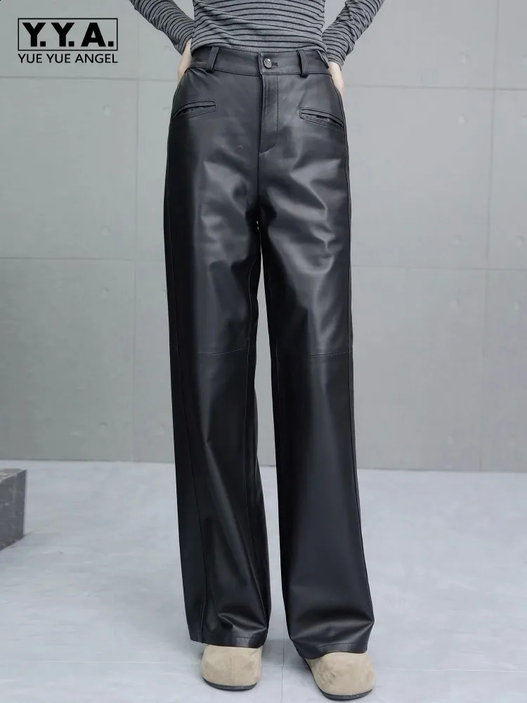 Autumn Black Genuine Leather Women Pants Straightleg Sheepskin Wide Leg Pant Elastic Waist Full Length Casual Trousers 260625