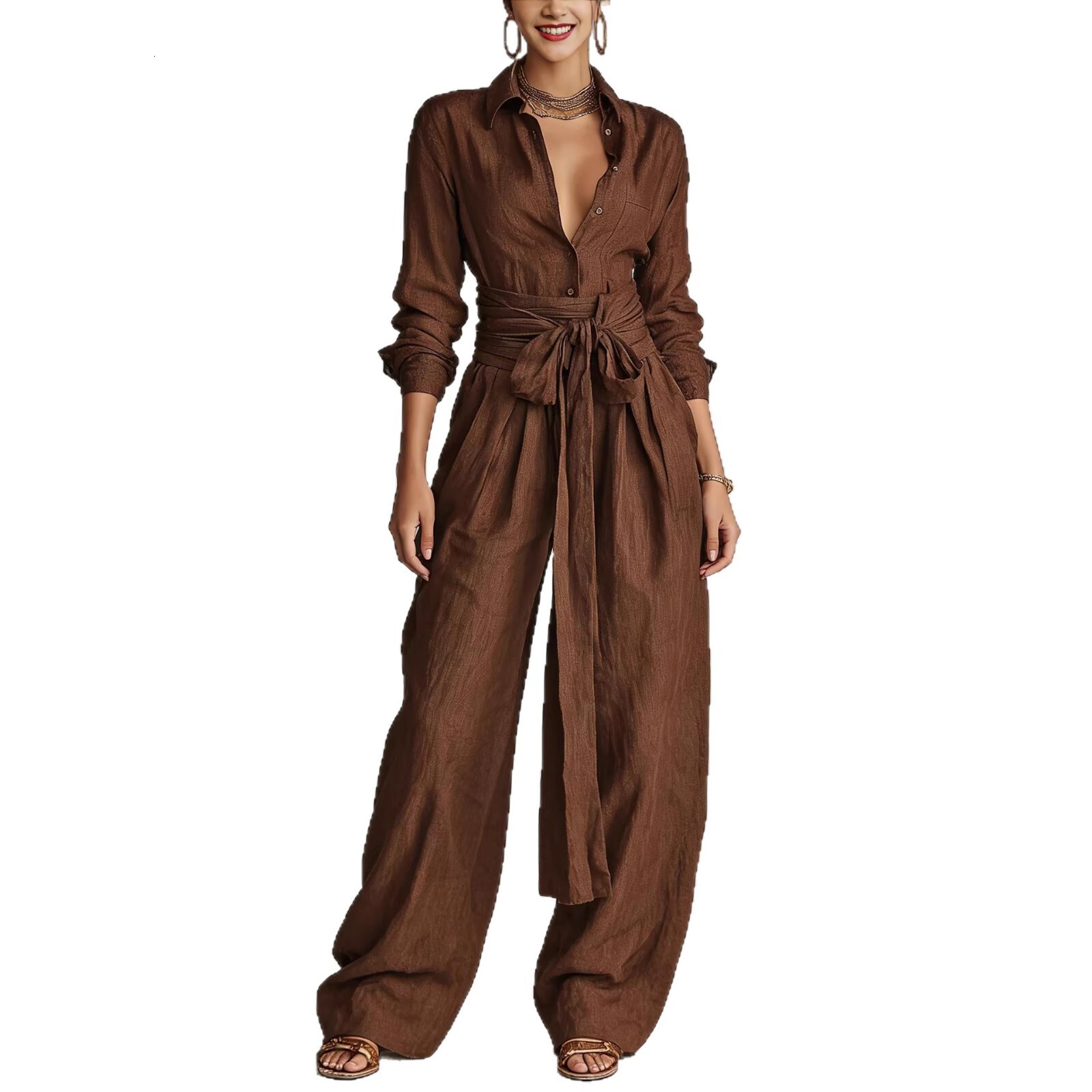 Cross-border independent station Amazon 2026 Spring Solid Color Lapel Top Fashion Casual High-Waisted Long Pants Two-Piece Set WONST - view 6