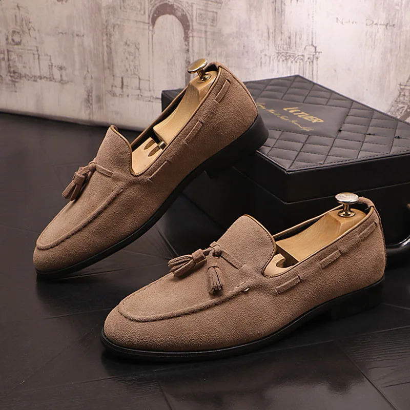 British Fashion Black Brown Tassels Suede Leather Shoes For Men Loafter Wedding Groom Dress Homecoming Business Flats Footwear 260624 - view 4