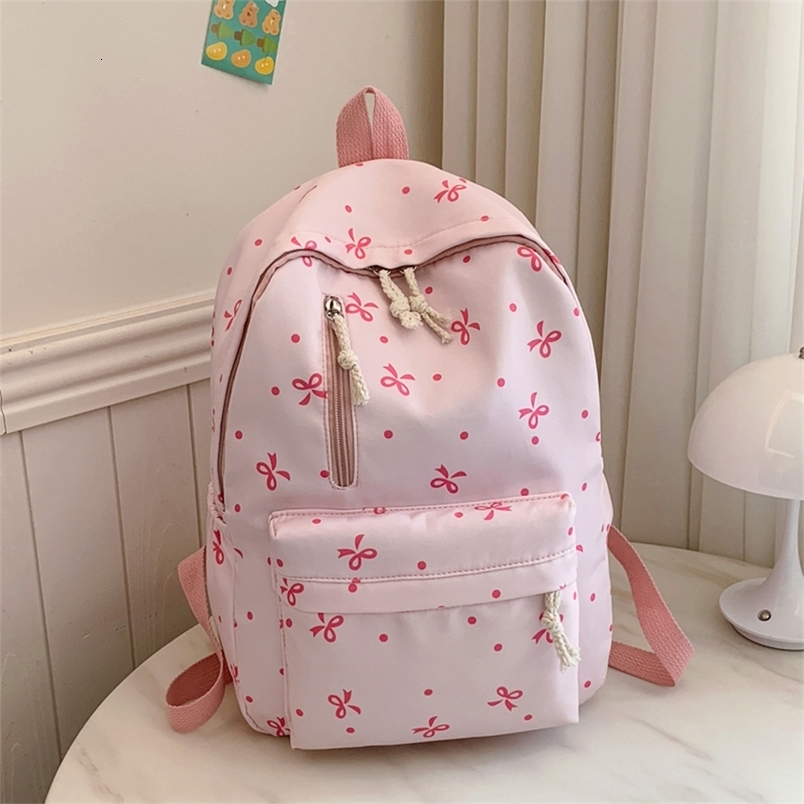 Back To School Season Playful Bow Print Backpack Quilted MultiPocket Adjustable Straps Large Capacity for Daily Use y260615
