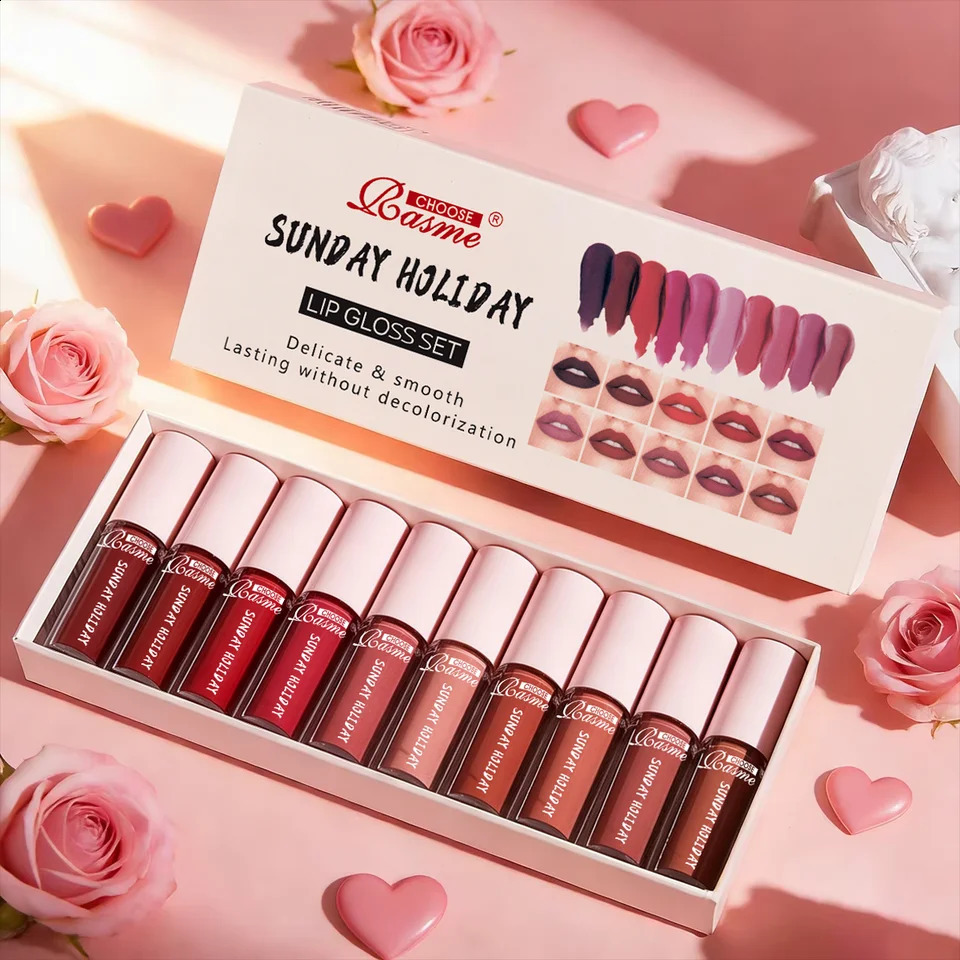 10 Pieces/Set Lip Gloss Velvet Lipstick Waterproof and Long-Lasting Lip Gloss Womens izing Set Valentines Day gift 260618