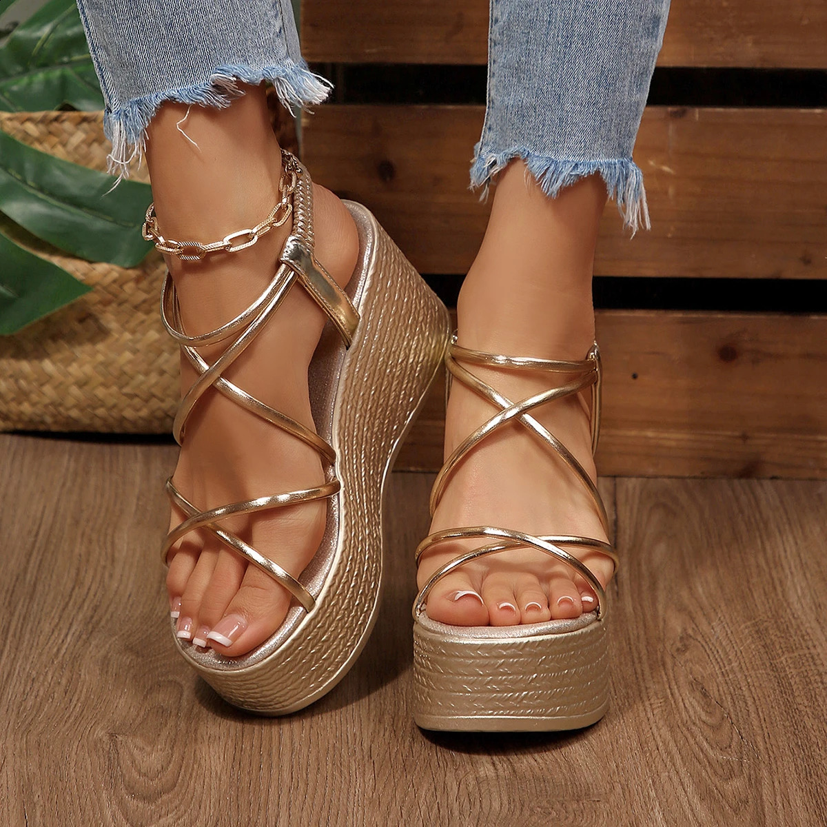 Summer Women Wedge Sandals Casual Gold Metallic Cross Strap Elastic Ankle Platform Non Slip Sole Beach Vacation Shoes 260626 - view 5