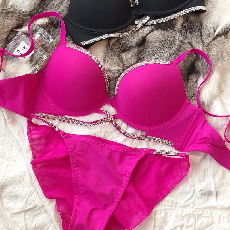 2 Pieces Sexy Underwear Set for Women Classic Cross Hollow Bra Sparkle Rhinestones Lingerie Deep V Push Up Brassiere 260626 - view 7