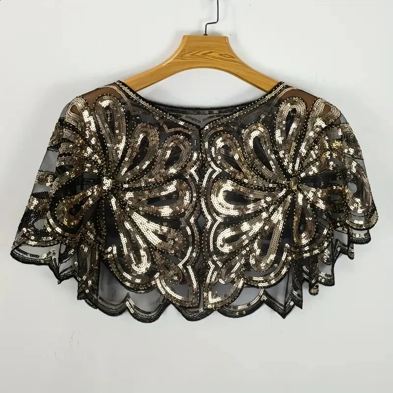 Vintage Sequin Floral Capelet Shawl Sparkling Embellished Party Accessory Hand Washable No Stretch Elegant Decorative Cape 260625 - view 3