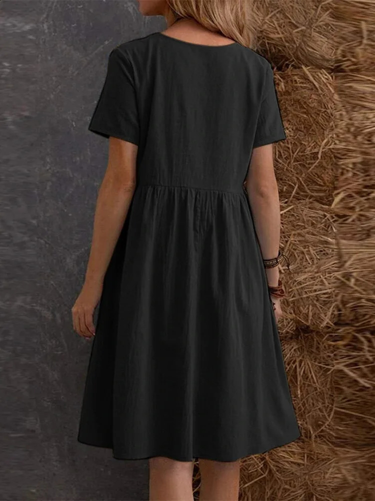 2026 Summer Simple O Neck Loose Fit Womens Short Sleeve Casual Dress Classic Solid Color ALine Midi with Pockets Outfit 260625 - view 7