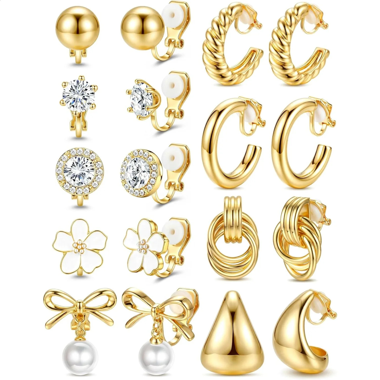Bobisty Clip On Earrings for Women 14K Gold Plated Non Pierced Ears Clips CZ Pearl y Hoop Studs Earring Sets 260623 - view 1