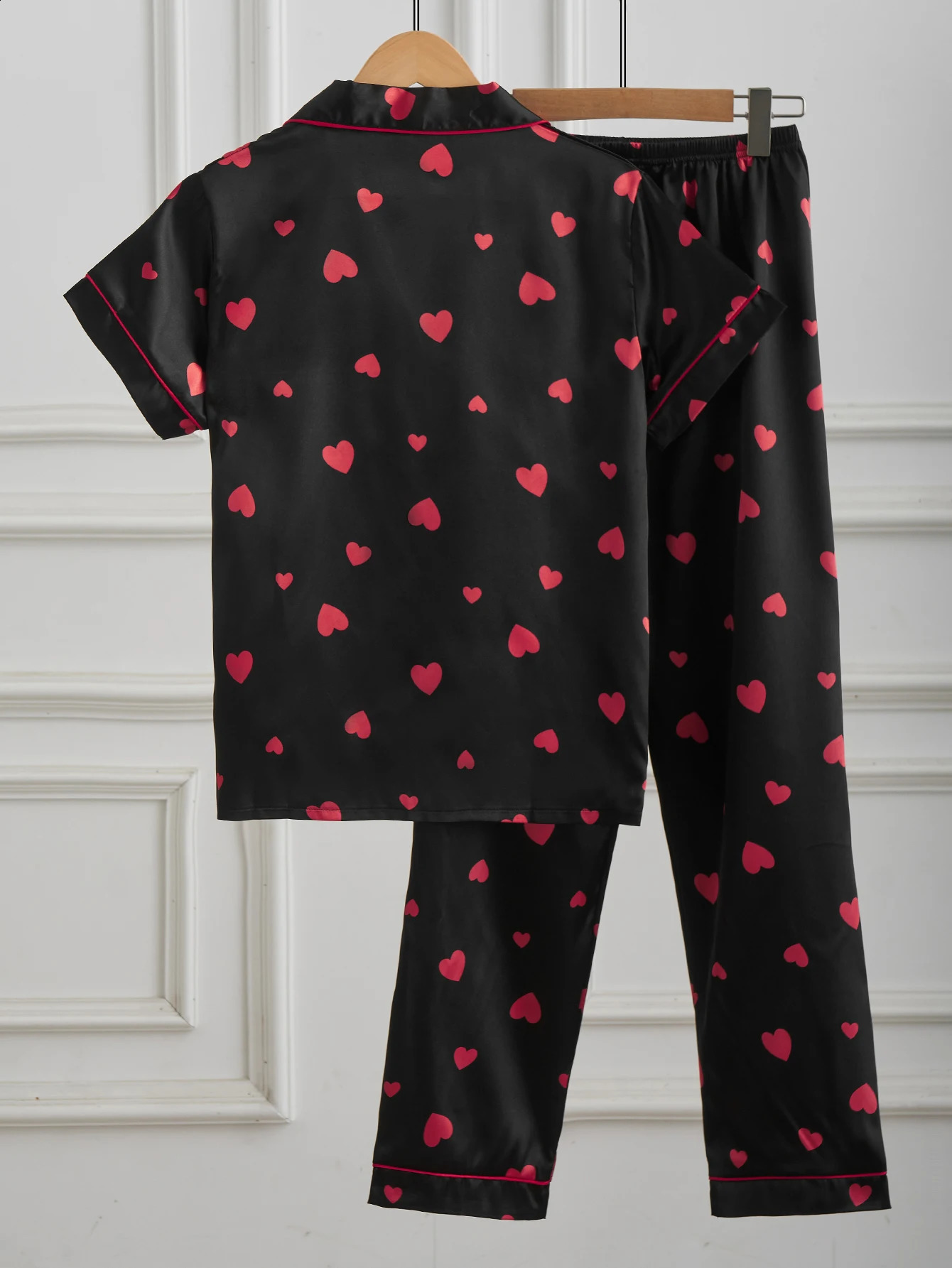 Womens Satin Silk Pajama Set Black Red Heart Print Short Sleeve Long Pants 2 Piece Loungewear Button Down Sleepwear 260625 - view 3