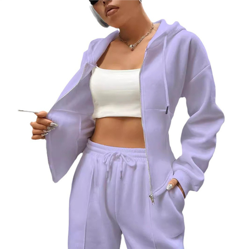 Cross-border independent store autumn/winter Amazon European American women's fashion hooded cardigan slim-fit sweatshirt and wide-leg pants two- - view 6