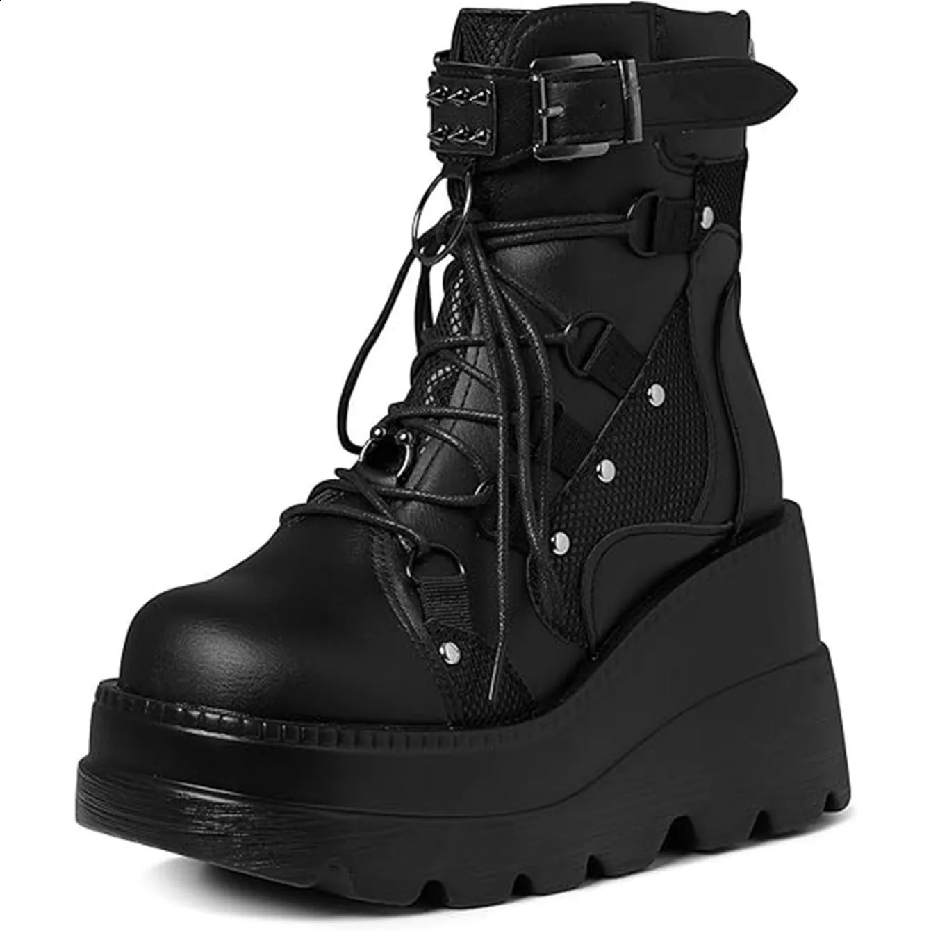 Womens Goth Cosplay Wedge Combat Ankle Boots Fashion Stylish Punk Buckle Laceup Zipper Dress Ladies Summer Outdoor Shoes 260616 - view 3