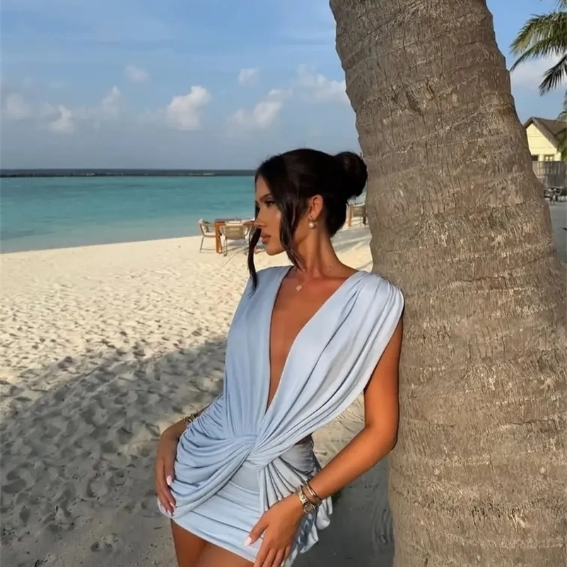 Sexy Blue Hollow-out Pleated Mini Dress Women Deep V-neck Sleeveless Backless Bodycon Vestidos Party Gown 260625 - view 7