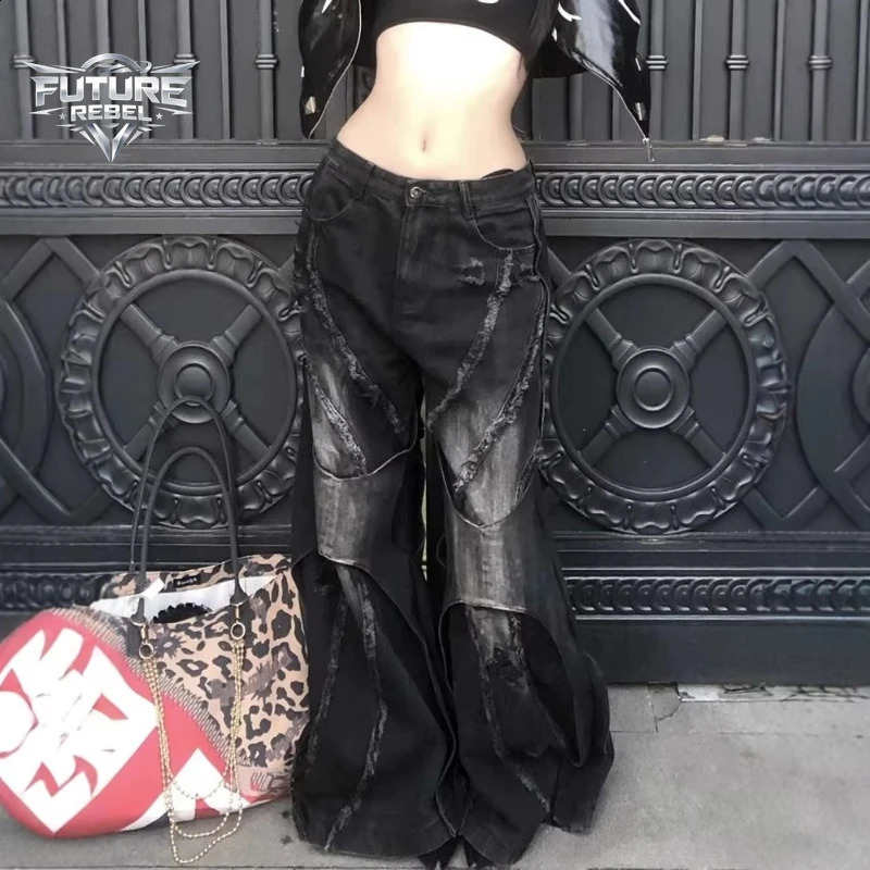 Y2K Heavy Duty Patchwork Distressed Denim Jeans Unisex Gothic Loose Flared Bell Vintage Hip Hop Washed Wide Leg Trendy Harajuku 260625 - view 3