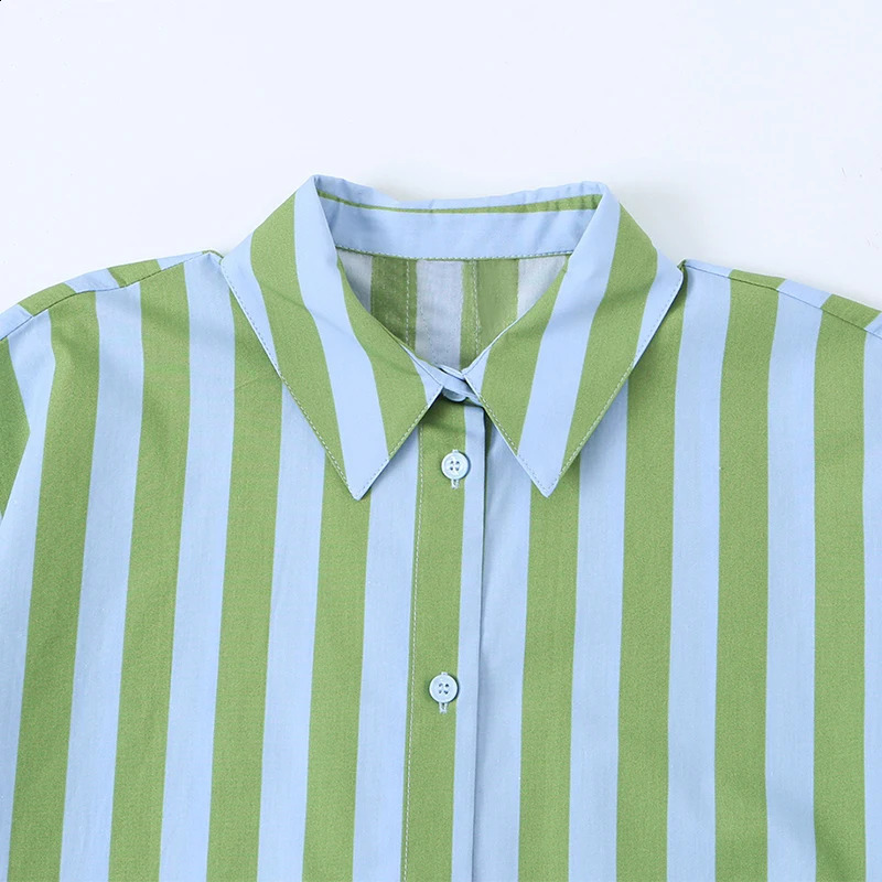Willshela Women Fashion Green Striped Single Breasted Blouse Vintage Lapel Neck Short Sleeves Female Chic Lady Shirts 260626 - view 4