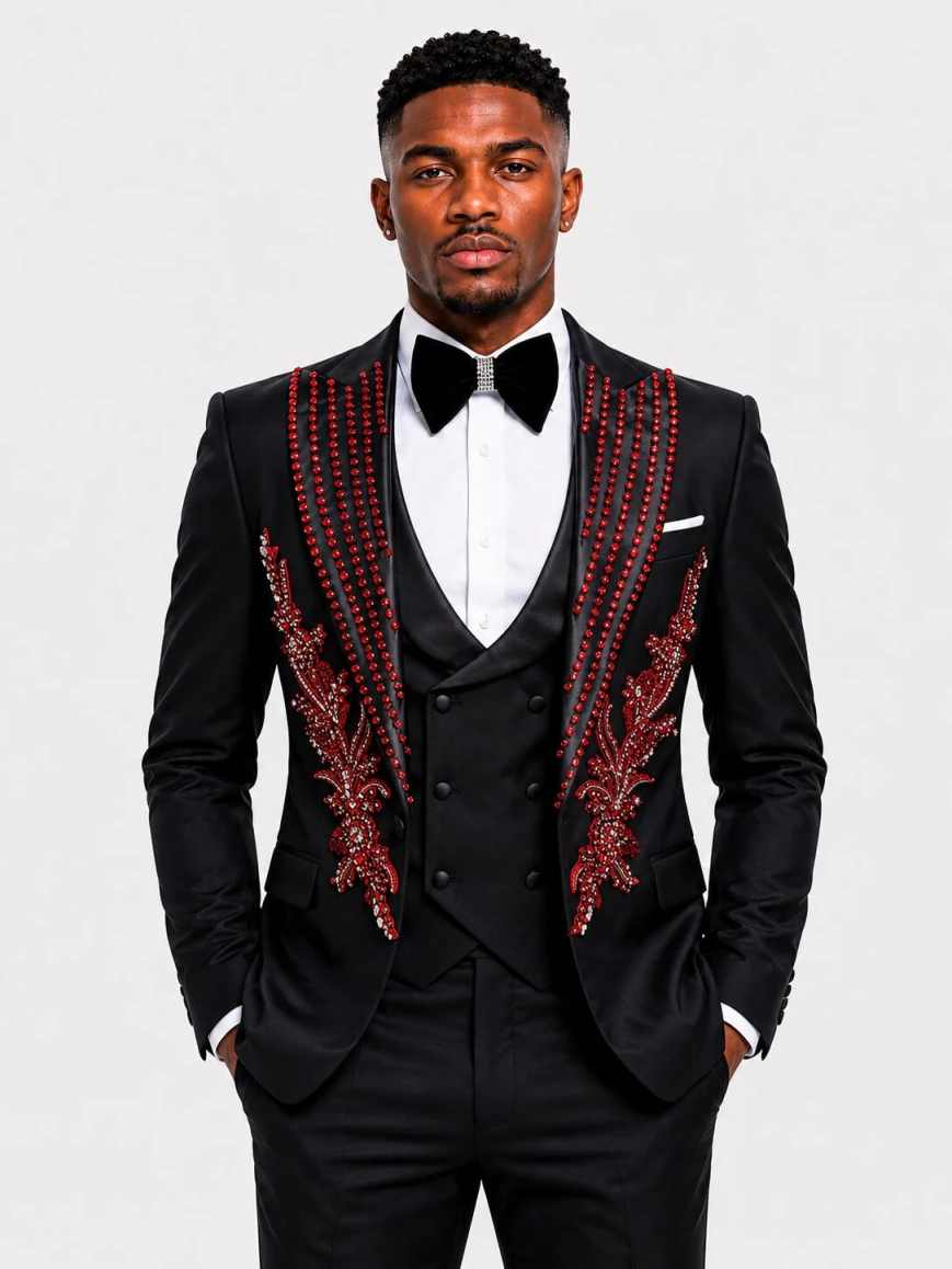 Handsome Wedding Mens Suits 3 Pieces Blazer Pants Vest Peaked Lapel Diamond Beading Party Prom Customized trajes de hombre - view 3
