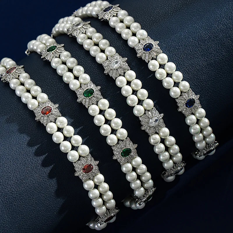 style fashionable retro necklace square flower double-layer pearl necklace bride collarbone chain 260617 - view 3