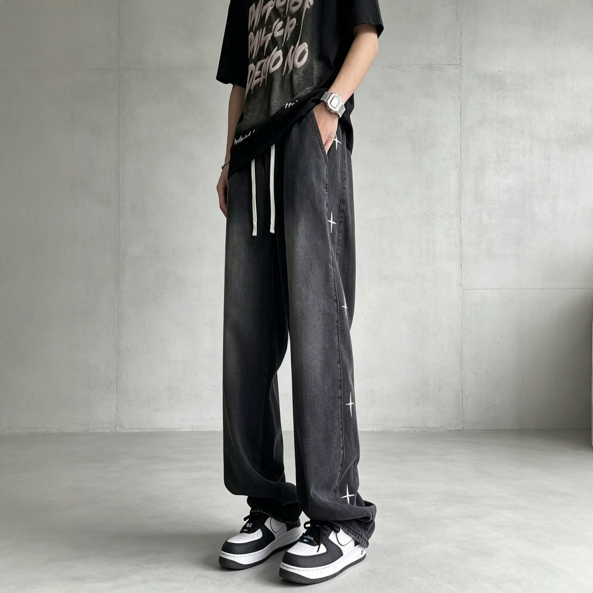 Exclusive Men's Pants Star-Embroidered Jeans, American Hip-Hop Style, Summer Thin Loose Straight-Leg Trousers Embroidered Jeans Straight Leg Pant - view 3