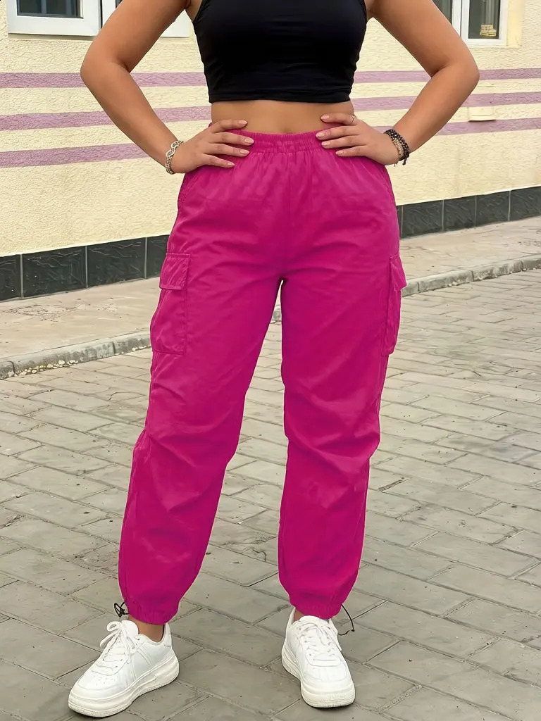 Womens Casual Streetwear Pink Cargo Pants Loose Drawstring Waist Jogger Trousers Plus Size Trendy Spring Summer Fashionable 260625 - view 7