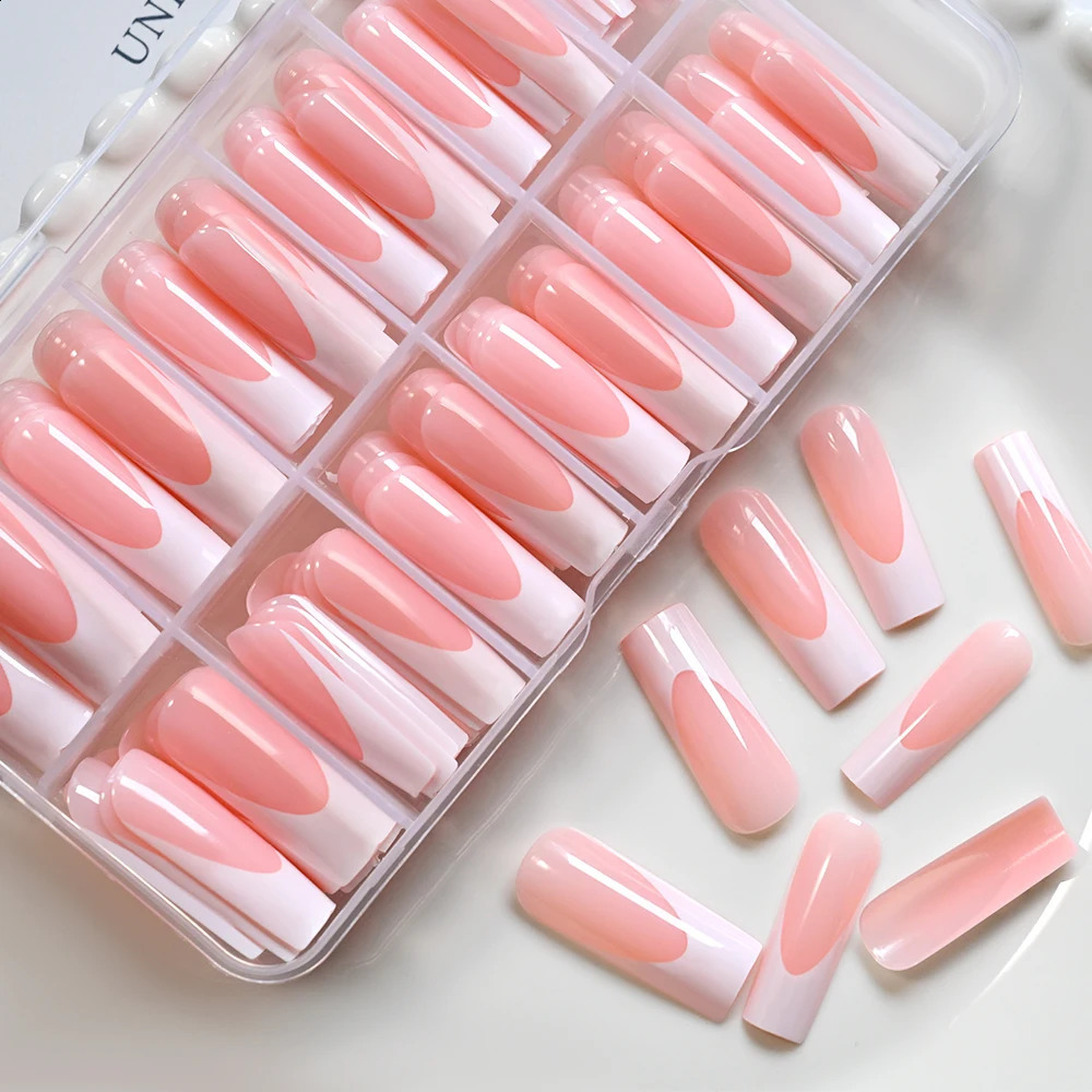 120Pcs Glossy Pink French Press On Nails 12-Sizes Long Square Fake Nails White Edge n Full Cover False French Nails Tips t 260626 - view 4