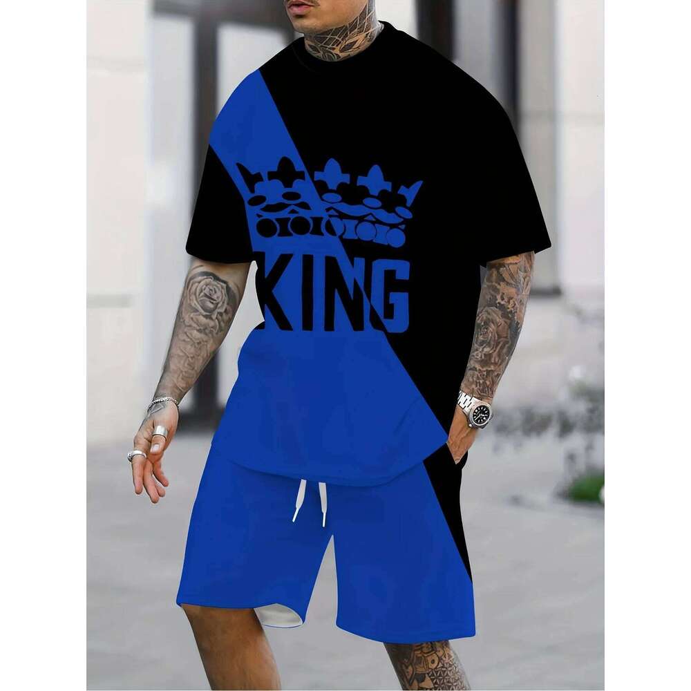 New Summer Men's Street King Print T-Shirt Two-Piece 3D Printed Casual Wear Loose-Fit Crew Neck Beach Sports Set 26Y0626