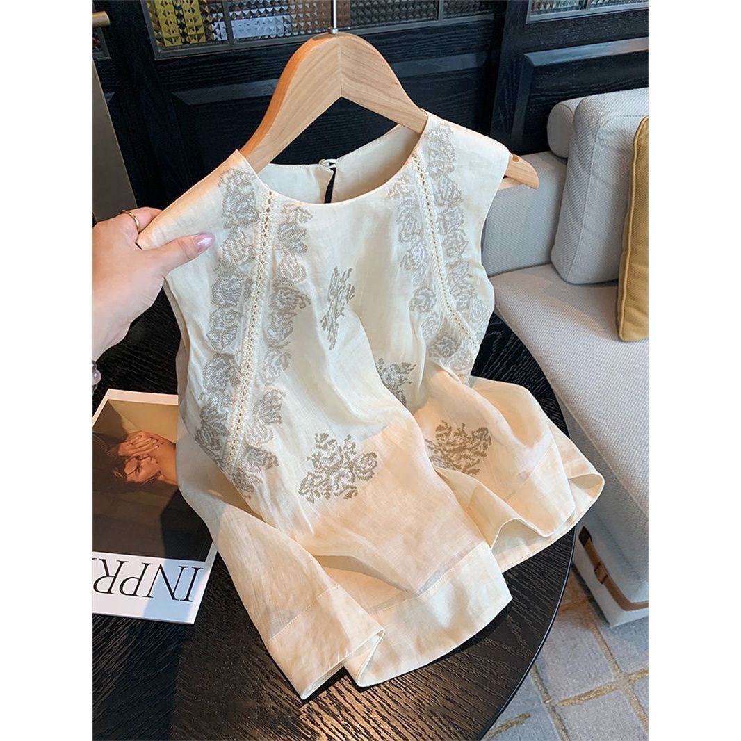 New Chinese-Style Sleeveless For Women With Floral Embroidery, Summer New Elegant Round-Neck Thin Shirt A5303 Sleeveless Top Sexy Suspenders - view 1