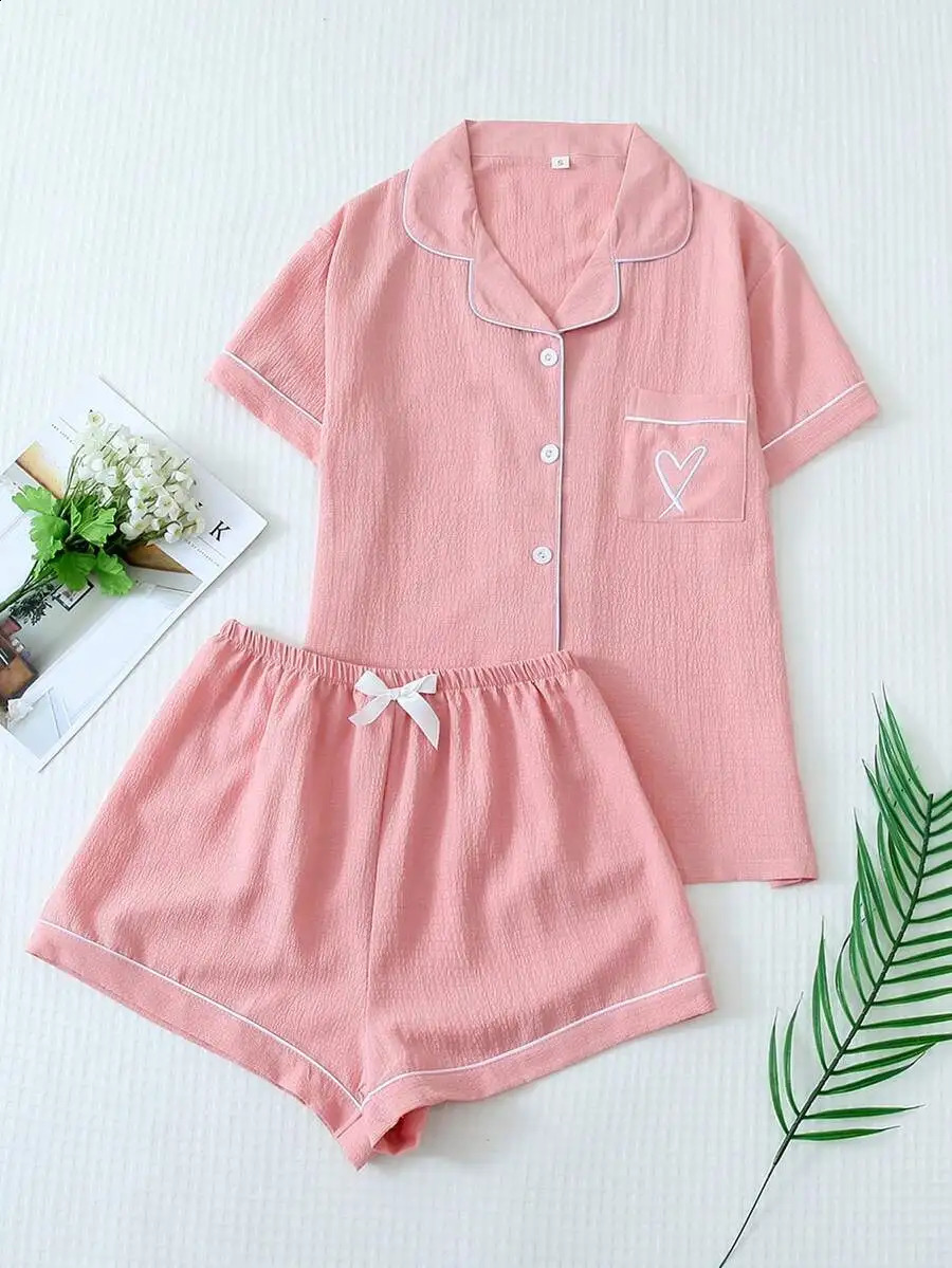 2pc Solid Color Summer Contrast Trim Collar Heart Embroidery Short Sleeve Pajama Set With Bowknot Shorts 260625 - view 3