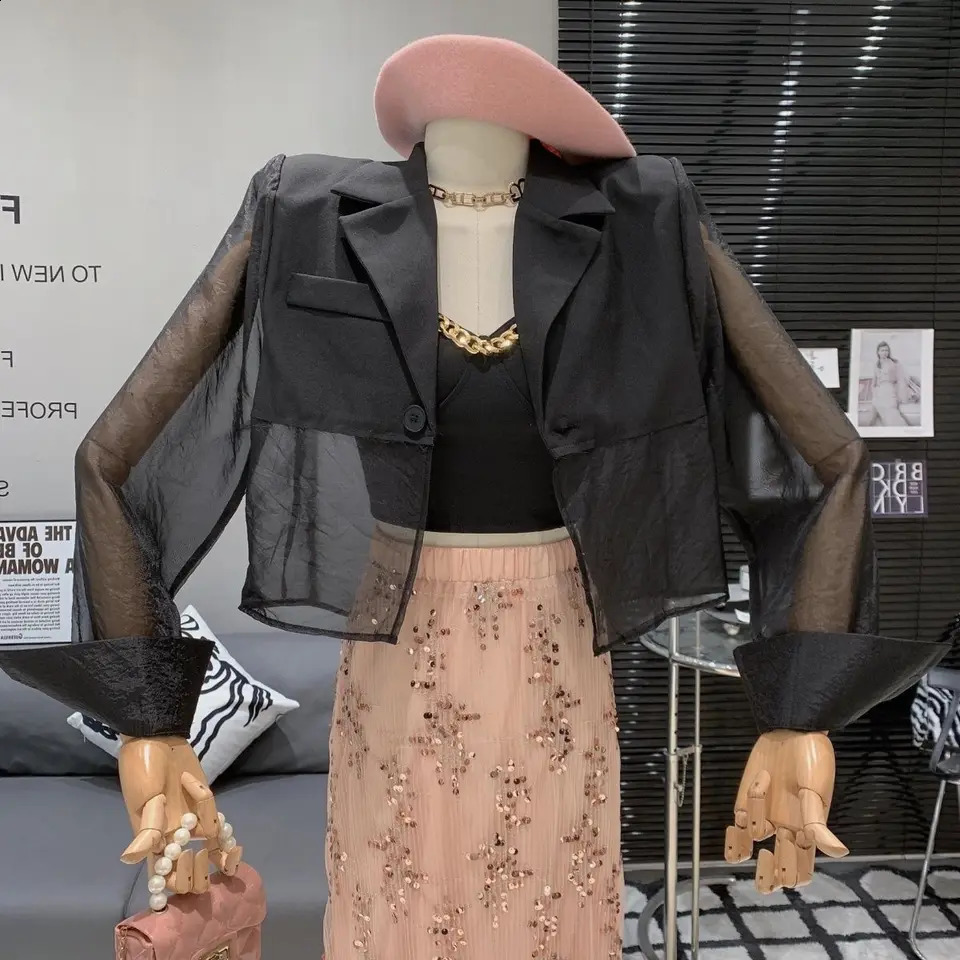 Sunproof Blazers Women Cropped Seethrough Backslit Summer Aesthetic Patchwork Streetwear Office Lady Fashionable Outwear 260625