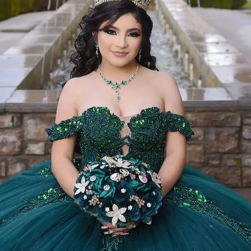 Dark green off-shoulder dress with heavy beading, sequin embroidery, and a long puffy train - Quinceanera vintage forest-style princess dress - view 4