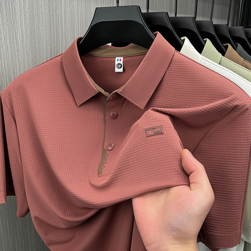 Men's Seamless Nylon-Spandex Short-Sleeve T-Shirt Summer New Design, Casual Solid Color Men's Turn-Down Collar Polo Shirt Top - view 4