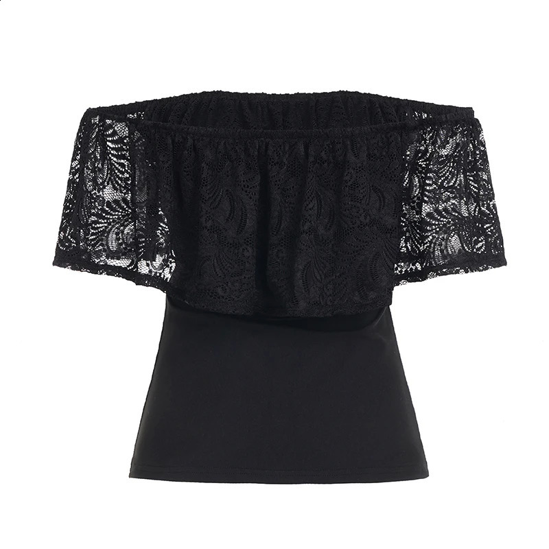 RUOKE Sexy Off Shoulder Lace Crop Top Women Ruffle Blouse Summer Slash Neck Tshirt Slim Fit Tube Going Out Party Date Y2K 260616 - view 7
