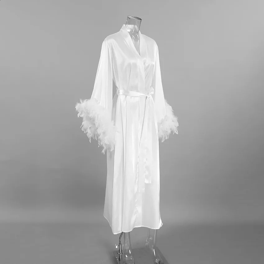 Feather Blush Kimono Robe Boudoir Wedding Floor Length Maxi Dressing Gown Robes Bride to Be Hen Party Stain Silk Lingerie260622