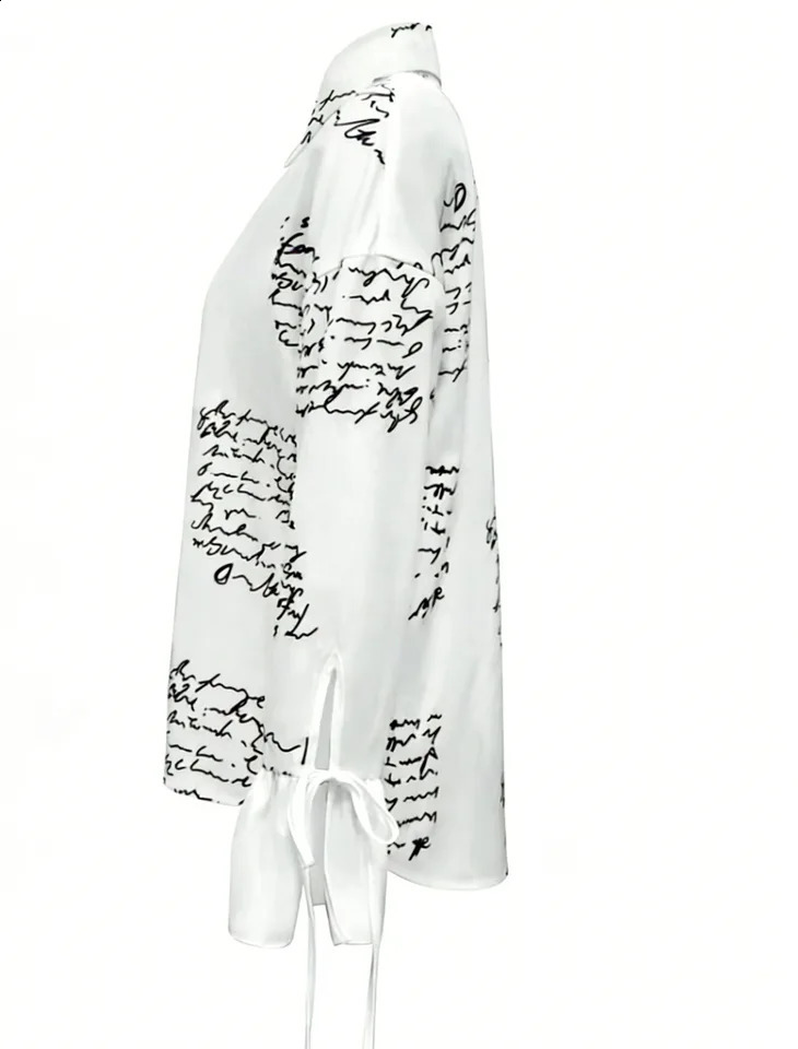 Womens White Script Print Button Down Shirt - Casual Tie Cuff Long Sleeve Blouse for Office Street Style 260626 - view 5