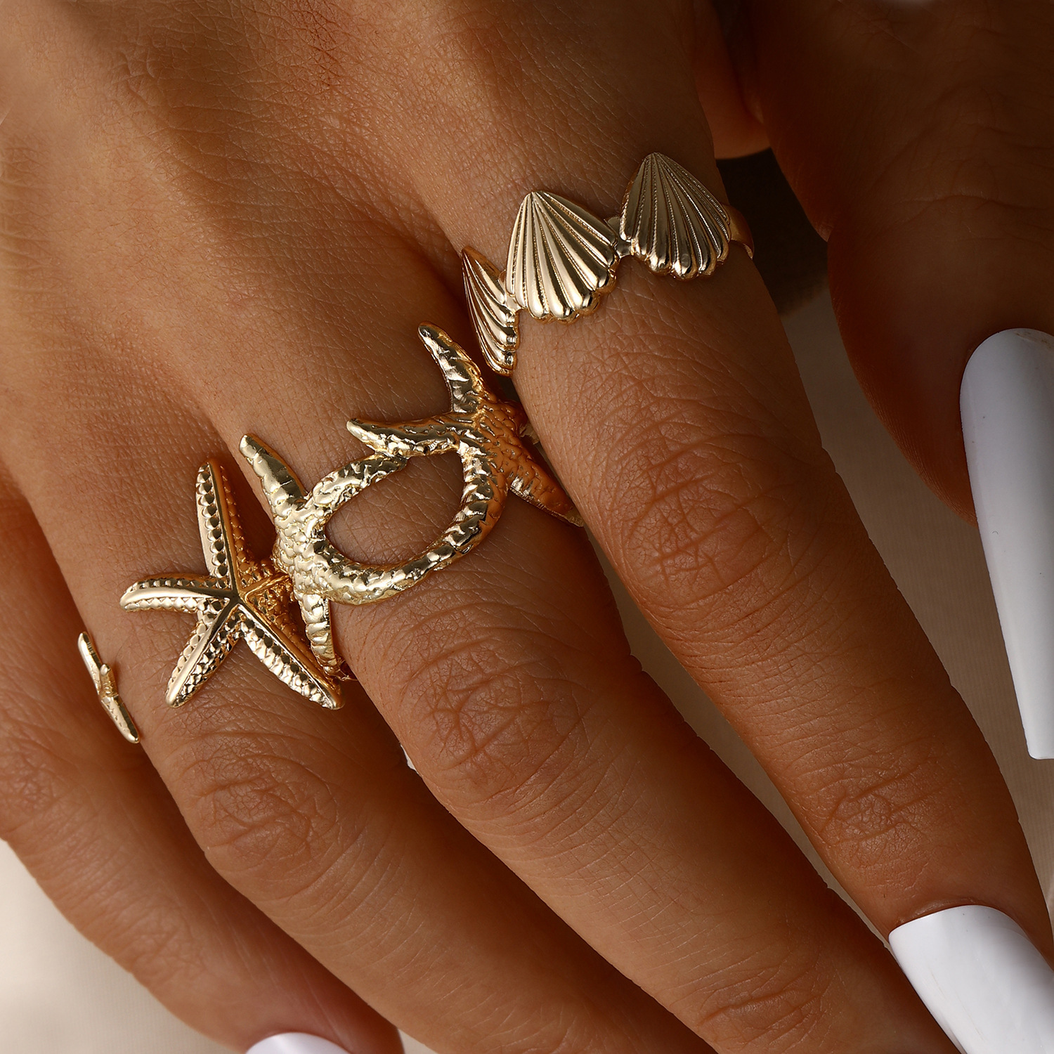 European and American Cross-Border Hot Sale Summer Beach Shell Starfish Adjustable Open Niche Style Ring Wholesale - view 1