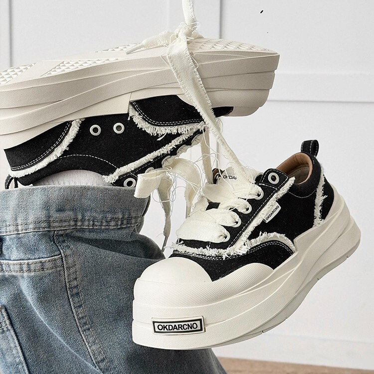 New Vintage Fringed Canvas Platform Shoes for Men Wavy Thick Sole Raw Frayed Edge Lace Up Streetwear Walking Sneakers - view 3