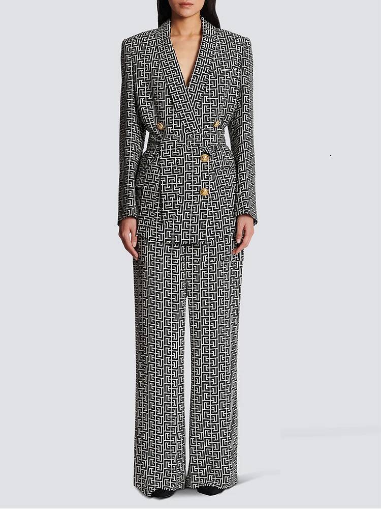 HIGH STREET Newest 2026 Stylish Designer Jacket Women's Double Breasted Monogram Printed Shawl Collar Belted Blazer - view 7