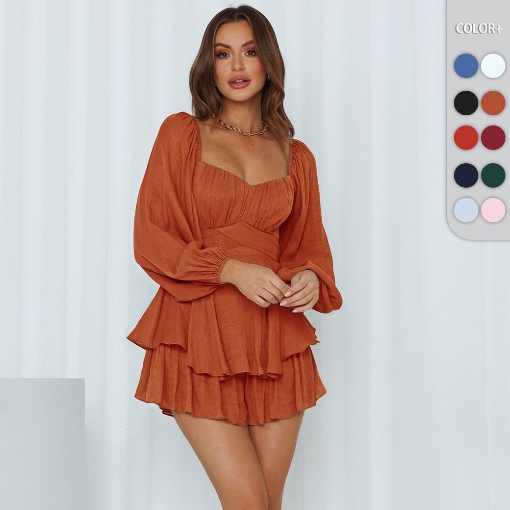 Urban fashion ruffle jumpsuit for women summer lantern long sleeves square neck waist-cinching stylish casual pant skirt