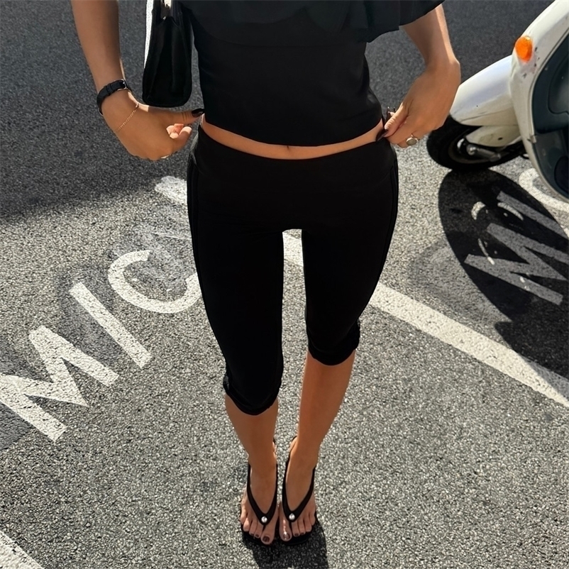Low Rise Split Hem 3/4 Length Skinny Pants Women Solid Fold Over Waistband Leggings Streetwear Yoga Pants 260625