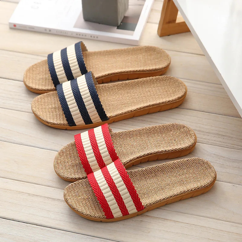 Summer Couples Linen Slippers - Striped Fashion Non-Slip Comfort Indoor EVA Floor Breathable Sandals 260624