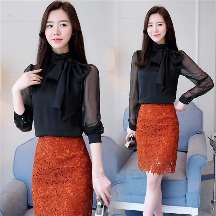 Summer Fashion Tunic Women Blouse Shirts Long Sleeve Tie Bow Chiffon Turtleneck Formal White Black DF4905 260626 - view 5