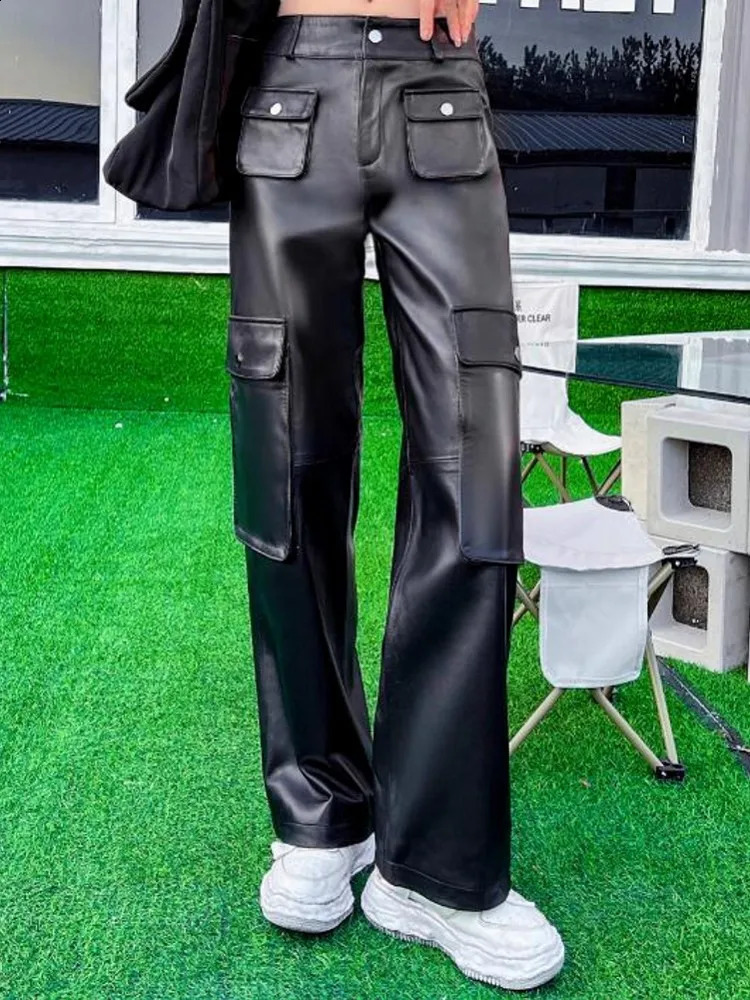 Boyfriend Style Women Multi Pockets Straight Pants Sheepskin Genuine Leather Cargo Spring Autumn Long Trousers Female 260625 - view 4