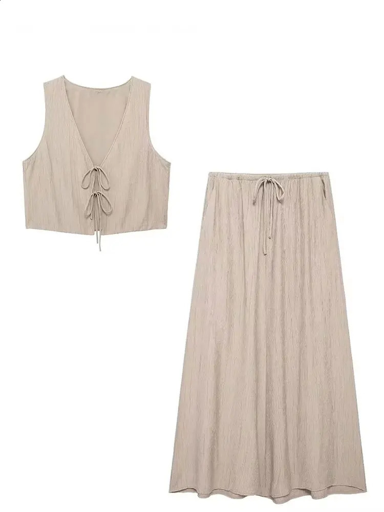 HH Women Vintage Solid Skirt Sets Bow LaceUp Short Vest Top Loose Drawstring Midi Skirts Summer Female Streetwear Outfit 260625 - view 6